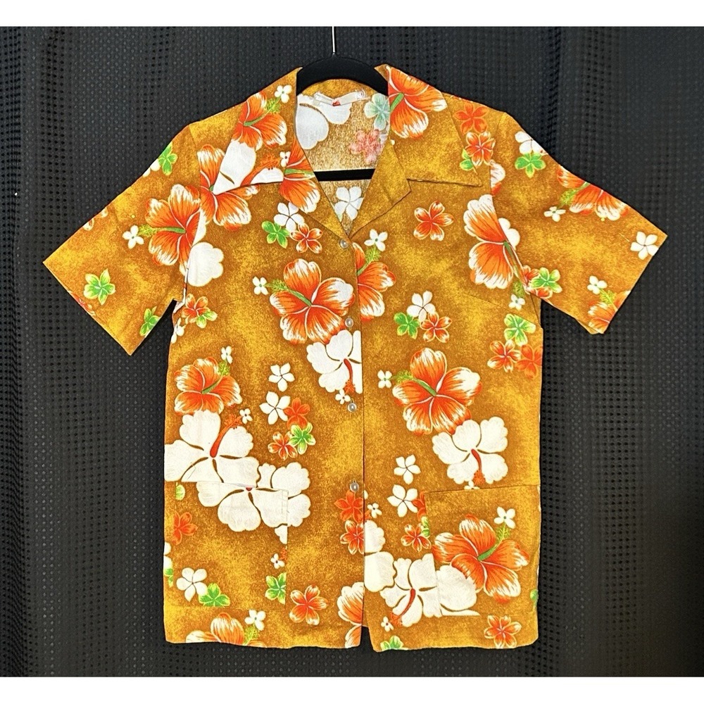 Vintage Pomare Hawaiian Aloha Barkcloth Shirt Mens L Neon Floral Button Boxy 60s
